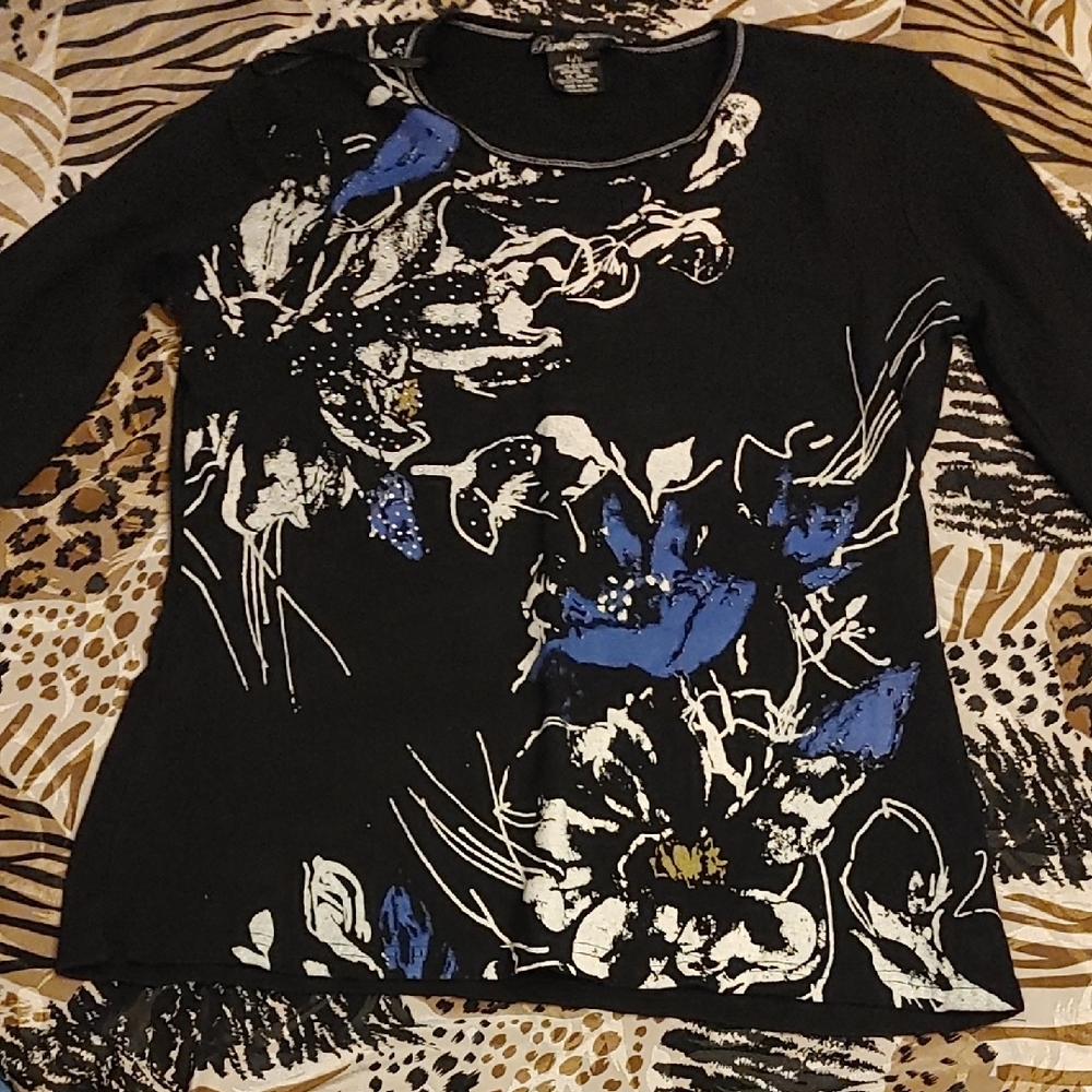 Floral Black and Blue Women's Top Sz Lg